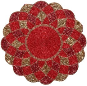 FliHaut Handcrafted Beautiful Beaded Placemat for Dining Table (Red  Golden Flower Geom) 14 Inches Diameter