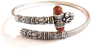 RS GEMSEXPORT Curved Trishul Damroo Rudraksha Beads Silver Finish Oxidized Metal Kada Unisex Cuff Bracelets with Adjusta
