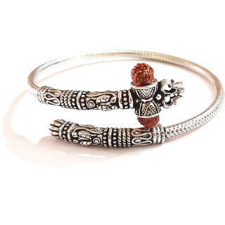 RS GEMSEXPORT Curved Trishul Damroo Rudraksha Beads Silver Finish Oxidized Metal Kada Unisex Cuff Bracelets with Adjusta RS GEMSEXPORT Curved Trishul Damroo Rudraksha Beads Silver Finish Oxidized Metal Kada Unisex Cuff Bracelets with Adjusta