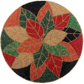 FliHaut Handcrafted Beautiful Round Beaded Decorative Placemat for Dining Table 14Inches (Multi Colour Leaves)