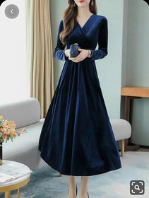 Westchic Women's Royal Blue V-Neck Velvet Dress