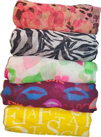 FLIHAUT Women Chiffon Georgette Printed Scarf Scarves Stole (50x180 Cms) Combo Pack of 5