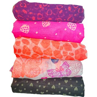                       FLIHAUT Women Chiffon Georgette Printed Scarf Scarves Stole (50x180 Cms) Combo Pack of 5                                              