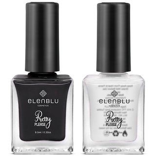                       Elenblu Premium Pretty Please Nail Paint Bold And Black And Keep Clear Top Coat Shade Combo 9.5ml Each (Set Of 2)                                              