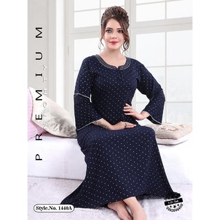 Women's 1pc Blue tiny Dots Printed Nighty Quality Soft Night Full Sleeves Winter Gown Maxi 1440A Daily Limited Edition