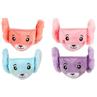                       Multi Color Girls/Boys Warm Winter Face Mask Plush Ear Muffs Covers Pack of-4 (5 Years to 13 Years)                                              