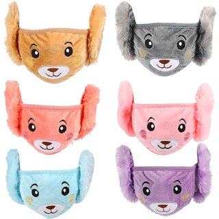                       Multi Color Girls/Boys Warm Winter Face Mask Plush Ear Muffs Covers Pack of-6 (5 Years to 13 Years)                                              