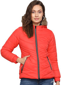 Kotty Women Orange Nylon Full Sleeve Padded Puffer Jacket