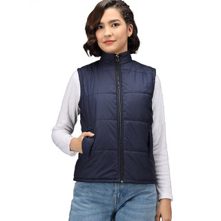                       Kotty Navy Nylon Solid Women Puffer Jacket                                              