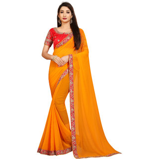 VIRUYA Solid Embroideryd Poly Georgatte Saree 5.50 mitar With Embroideryd Blouse Piece 80cm (Yalow Color)