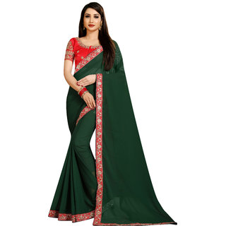 VIRUYA Solid Embroideryd Poly Georgatte Saree 5.50 mitar With Embroideryd Blouse Piece 80cm (Green Color)