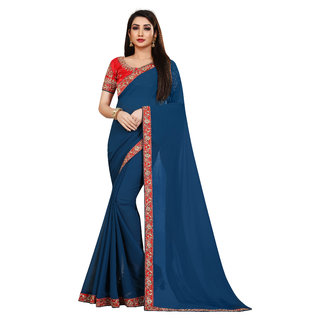 VIRUYA Solid Embroideryd Poly Georgatte Saree 5.50 mitar With Embroideryd Blouse Piece 80cm (Light Blue Color)