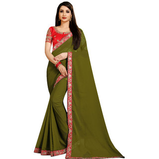 VIRUYA Solid Embroideryd Poly Georgatte Saree 5.50 mitar With Embroideryd Blouse Piece 80cm (Mahendi Color)