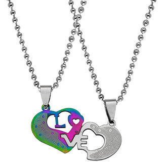                       M Men Style Broken Heart Shaped Antique I Love You Couple Valentine Gift Multicolor Stainless Steel Pendant For Lovers                                              