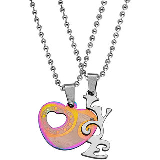                       M Men Style Valentine Gift Love Broken Heart Couple Locket With 2 Chain Multicolor Stainless Steel Pendant For Unisex                                              