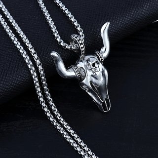                       M Men Style Designer Bull Head Silver Pendant Stainless Steel Silver Pendant Necklace Chain For Unisex                                              