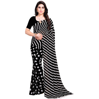 Shopkio Women's Pure Georgette Strips Printed Black Colour Saree with Blouse Piece