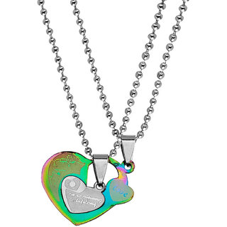                       M Men Style Valentine Day Gift 2 Broken Heart Love You Couple Locket Chain Multicolor Stainless Steel Pendant For Unisex                                              