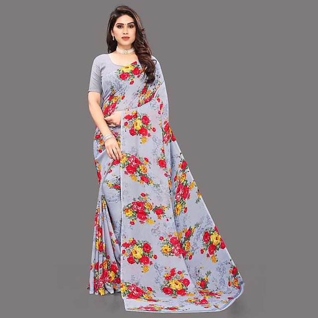 Buy Shopkio Women's Georgette Floral Printed Grey Colour Saree with Blouse  Piece Online - Get 75% Off