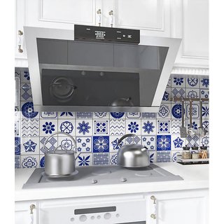                       JAAMSO ROYALS Blue and White Tile Design self Adhesive Oil-Proof Waterproof kitchen Wallpaper (100CM X 60 CM)                                              