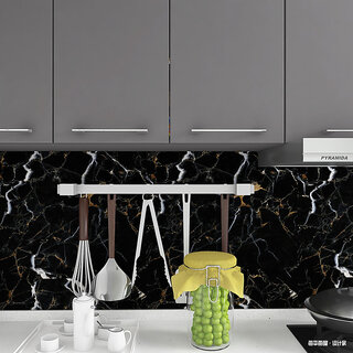                       JAAMSO ROYALS Black Natural Marble With Golden Texture Self Adhesive Kitchen Wallpaper (100CM X 60 CM)                                              