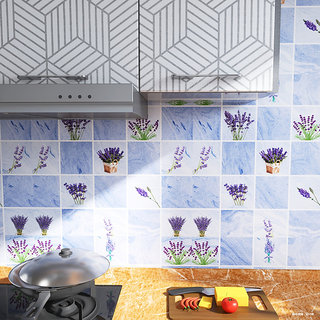                       JAAMSO ROYALS Light Blue And white Flower Tile Design self Adhesive Peel and Stick Kitchen Wallpaper (100CM X 60 CM)                                              