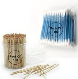 Wooden Toothpicks with Box  Cotton Buds for Ear Cleaning (100 Per Pack) 100 Toothpicks + 100 Cotton Buds Set