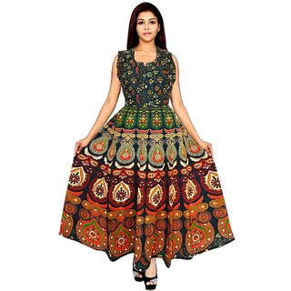 Vastra Villa Women's Cotton Jaipuri Dress Sanganeri Printed  Maxi Long Dress (Free Size) Green