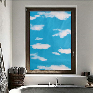                       JAAMSO ROYALS Blue With White Clouds Design Decorative Peel and Stick Window Film ( 100CM X 45 CM )                                              