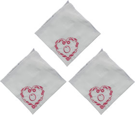SAE Elegantly Embroidered Heart with Letter- O Cotton Hand Kerchief Pack of 3