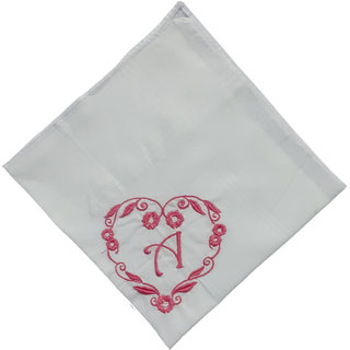 SAE Elegantly Embroidered Heart with Letter- A Cotton Hand Kerchief Pack of 1