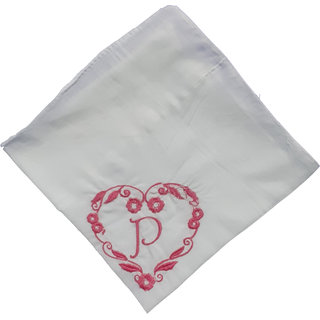                       SAE Elegantly Embroidered Heart with Letter- P Cotton Hand Kerchief Pack of 1                                              