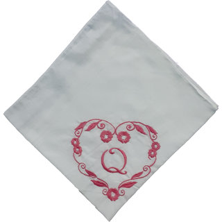                      SAE Elegantly Embroidered Heart with Letter- Q Cotton Hand Kerchief Pack of 1                                              