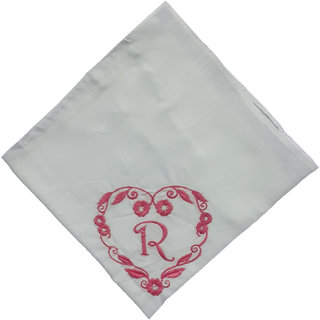                       SAE Elegantly Embroidered Heart with Letter- R Cotton Hand Kerchief Pack of 1                                              