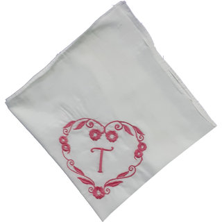                       SAE Elegantly Embroidered Heart with Letter- T Cotton Hand Kerchief Pack of 1                                              