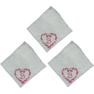                       SAE Elegantly Embroidered Heart with Letter- B Cotton Hand Kerchief Pack of 3                                              