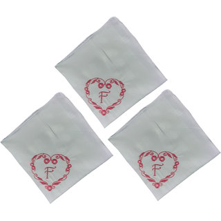                       SAE Elegantly Embroidered Heart with Letter- F Cotton Hand Kerchief Pack of 3                                              