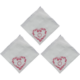                       SAE Elegantly Embroidered Heart with Letter- O Cotton Hand Kerchief Pack of 3                                              