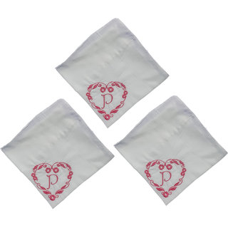                       SAE Elegantly Embroidered Heart with Letter- P Cotton Hand Kerchief Pack of 3                                              
