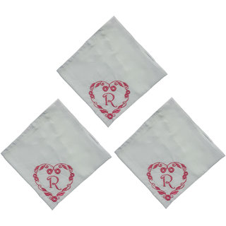                       SAE Elegantly Embroidered Heart with Letter- R Cotton Hand Kerchief Pack of 3                                              
