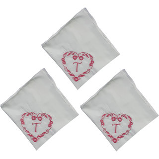                       SAE Elegantly Embroidered Heart with Letter- T Cotton Hand Kerchief Pack of 3                                              