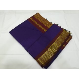 Women's Blue Solid Cotton Silk Saree With Blouse