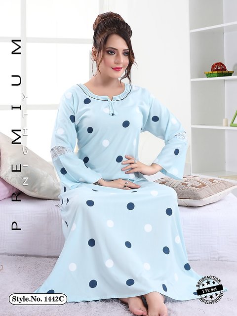 Maharani Nighty Outlet (Women's 1pc Powder Blue Polka Dot Printed Nighty  Nice Quality Soft Night Gown Maxi 1442C Daily Limited Edition)
