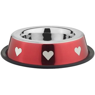                       Prinox Stainless Steel Stylish Heart Design Dog Bowl,Red                                              