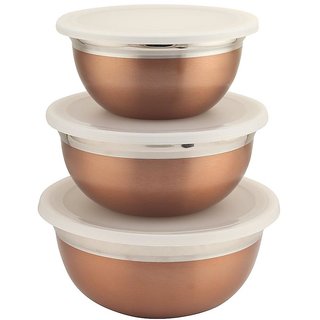                       Prinox Stainless Steel German Bowl Set - 3 Pieces (3 Bowls and 3 Lids) Copper                                              