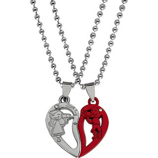                       M Men Style Valentine Day Gift Cute Girl And Boy Lovers Talking Couple 2pc Rhodium Metal Silver,Red  Pendant For Unisex                                              