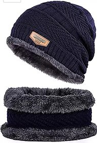 Handcuffs Winter Beanie Hat Scarf Set 2-Pieces Warm Knit Hat Thick Fleece Lined Winter Hat  Scarf For Men Women (Blue)