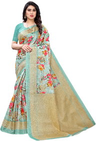 Dori Women's Turquoise Printed Khadi Silk Saree With Blouse