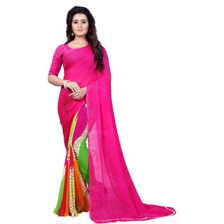                       Dori Women's Pink Printed Georgette Saree With Blouse                                              