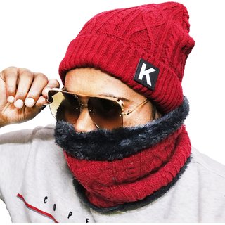 Buy Aseenaa Winter Knit Beanie Cap Hat With Neck Warmer Muffler Combo Set  For Unisex Men Women Set Of 1 Colour Red Online @ ₹549 from ShopClues